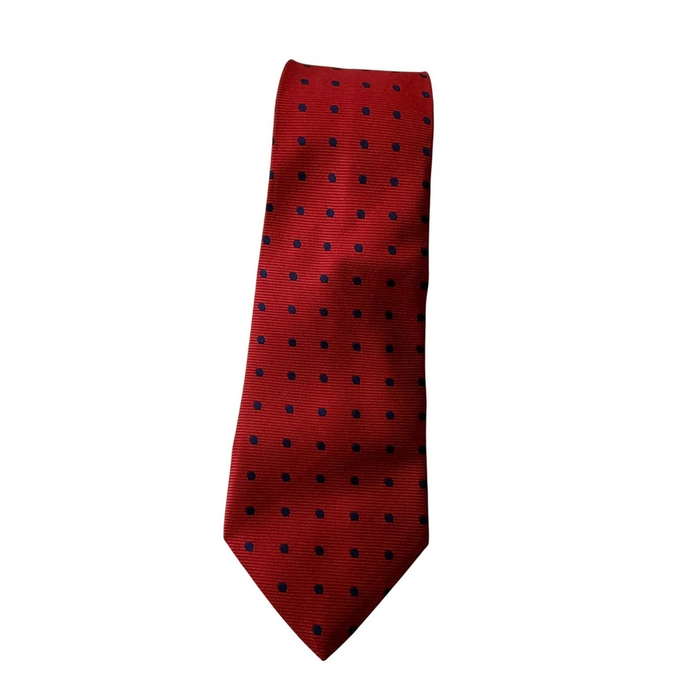 Brooks Brothers Mens Silk Necktie Red Navy Polka Dot Stain Resistant Made in USA